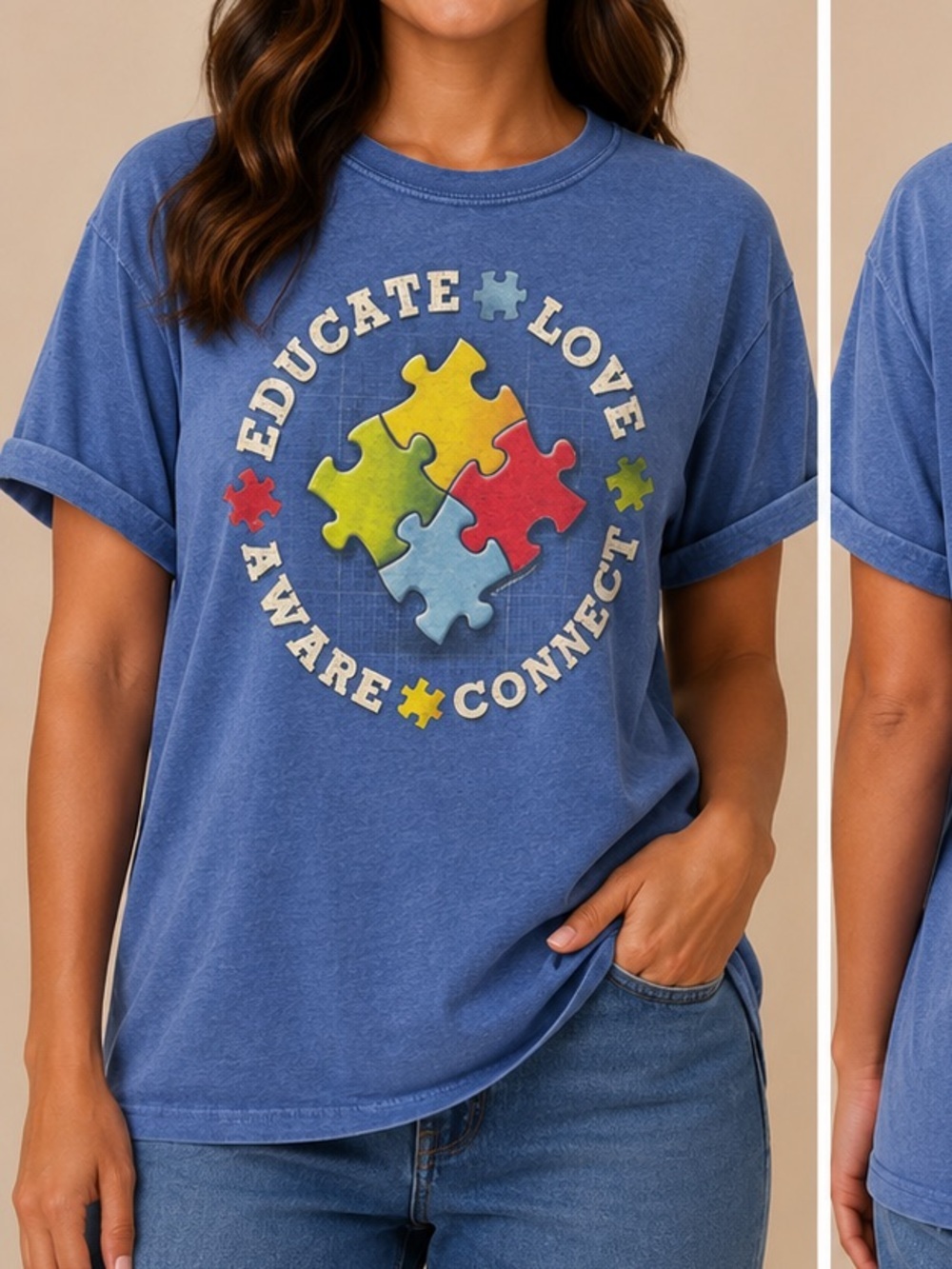 Blue Puzzle Graphic Tee - Educate Love Aware Connect LARGE